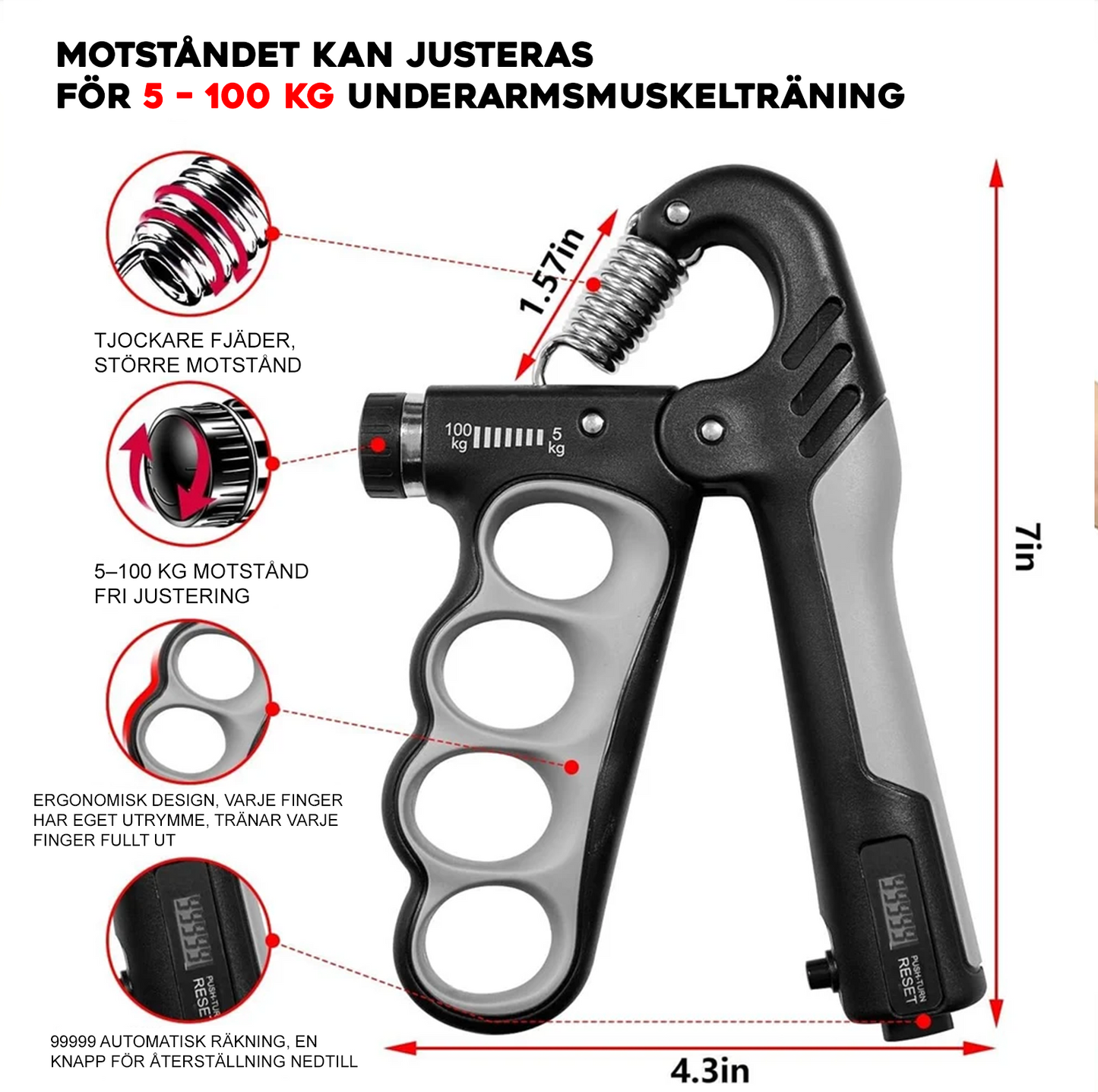 Justerbar handtränare med räknare – 5–100 kg motstånd för styrka & rehab