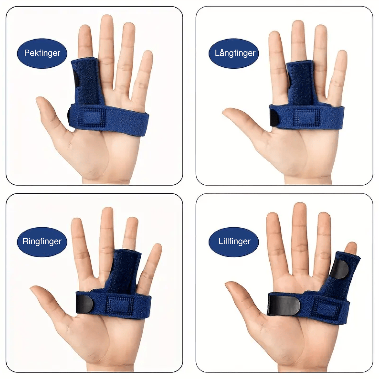 Exempel på hur fingerskenan används på olika fingrar