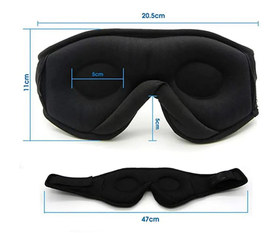 Sovmask med inbyggda hörlurar och måttangivelser som visar storlek och passform för bekväm sömn och ljudisolering.