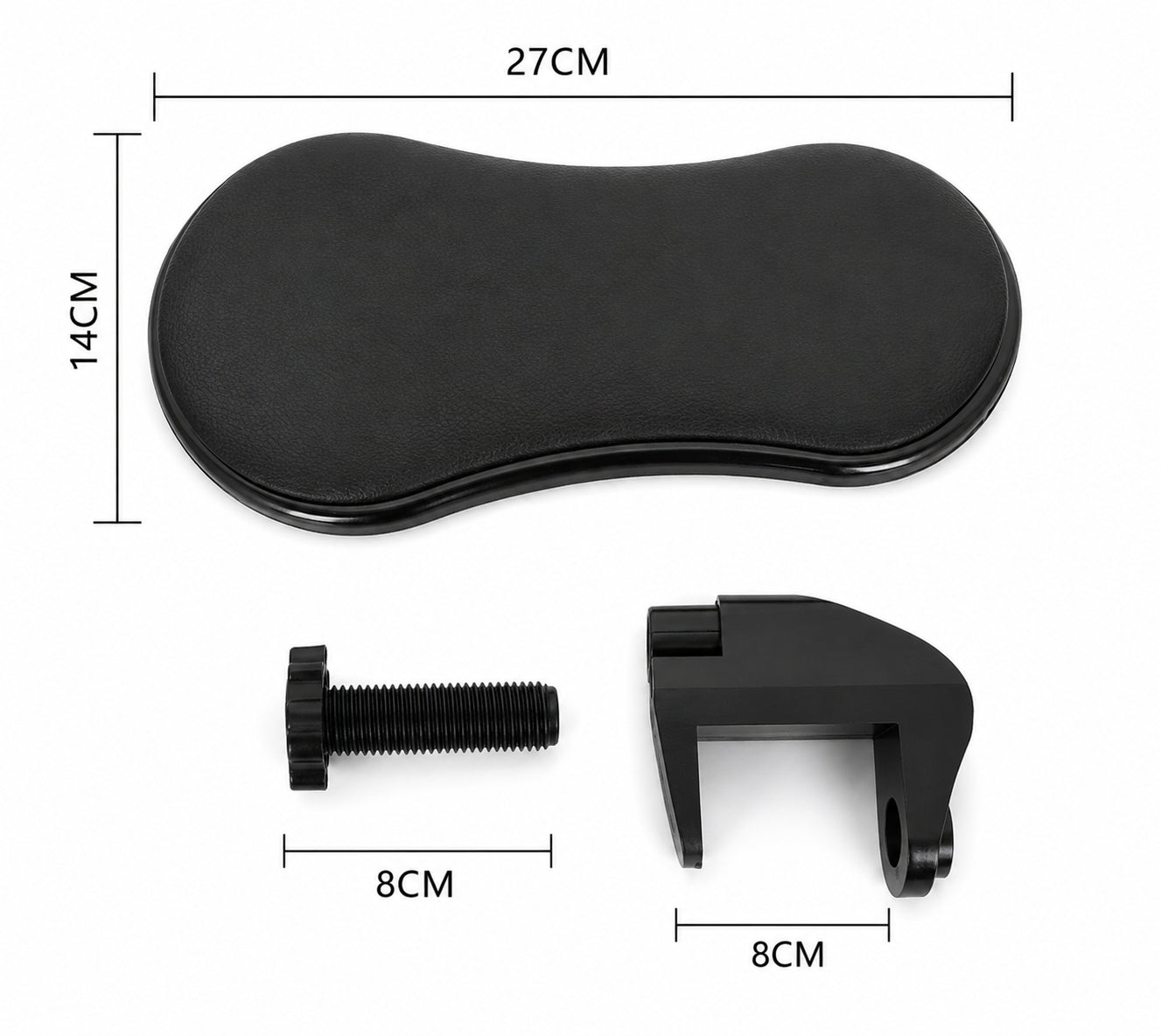 Ergonomiskt armstöd för skrivbord med mått och monteringsdetaljer.