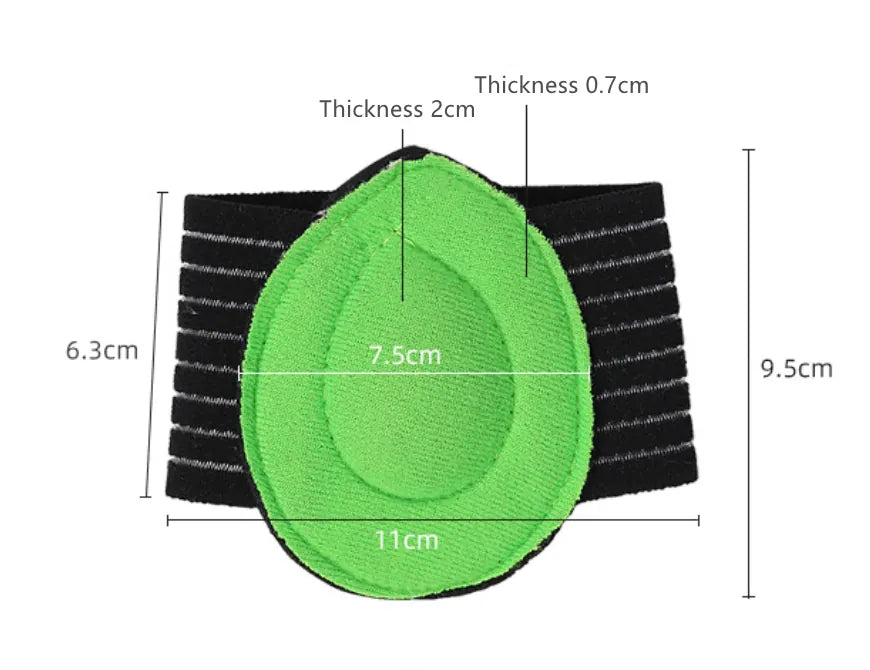 Ergonomiskt fotvalvsstöd med vadderad kudde och måttangivelser för stöd vid plantar fasciit och fotvalvssmärta.