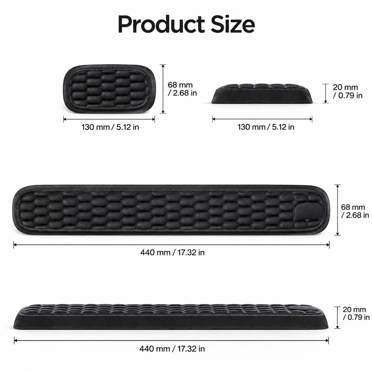 Storleksguide för ergonomiskt handleds- och musstöd i memory foam.