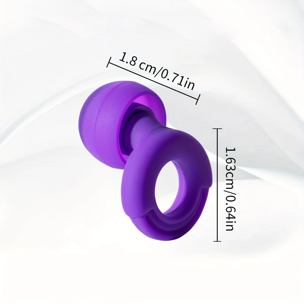 Lila silikonöronpropp med måttangivelser som visar längd 1,8 cm och höjd 1,63 cm mot ljus bakgrund.