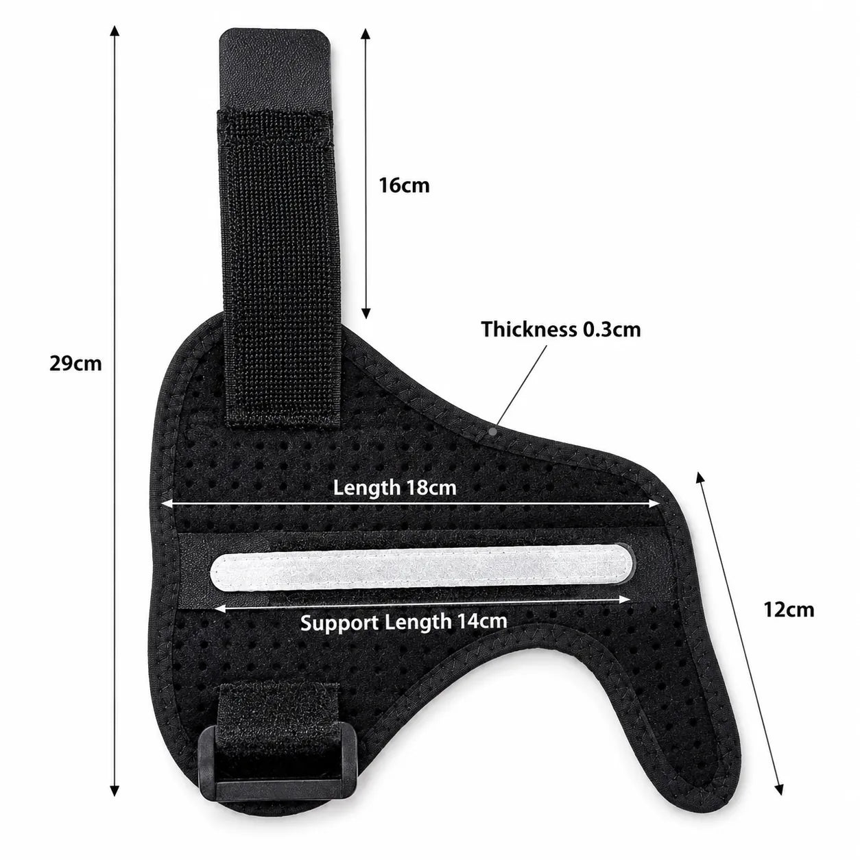 Tumstöd med måttangivelser som visar design, passform och stabiliserande skena för tumme och handled.