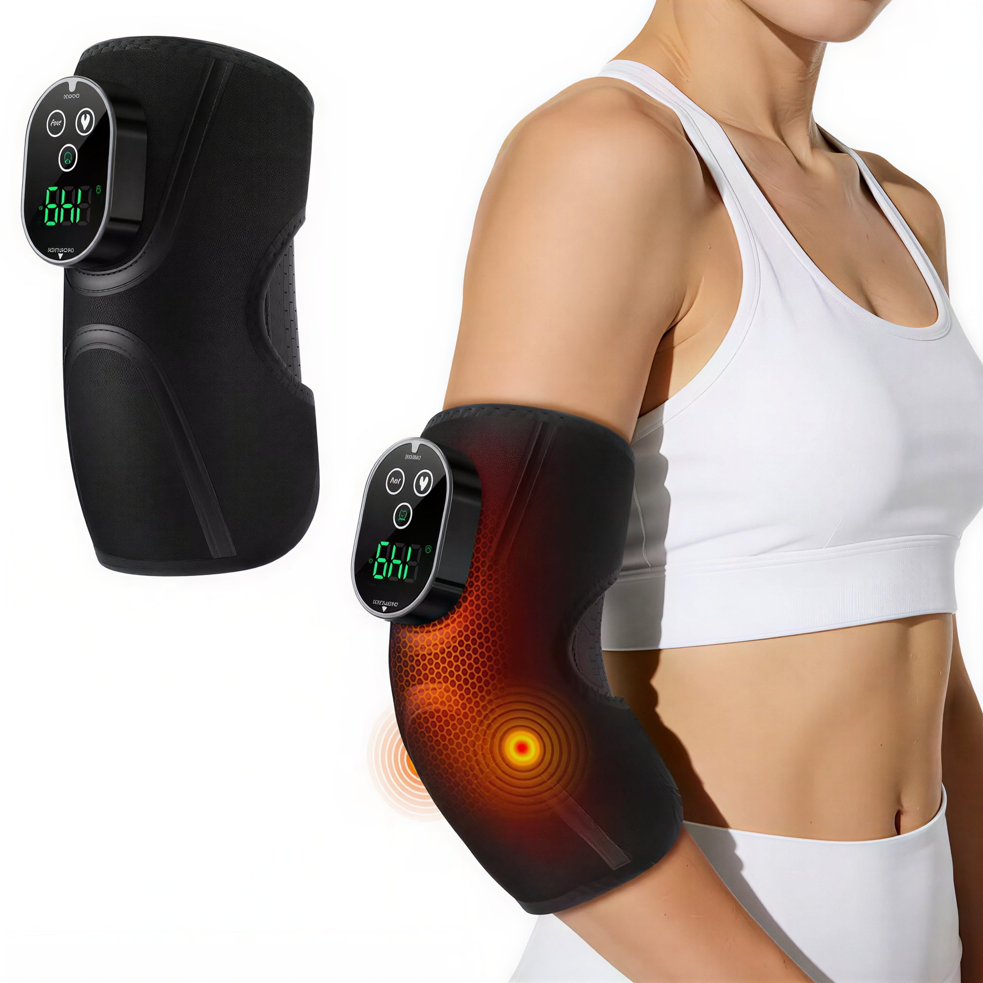 Armbågsstöd med värme och massage placerat runt armbåge