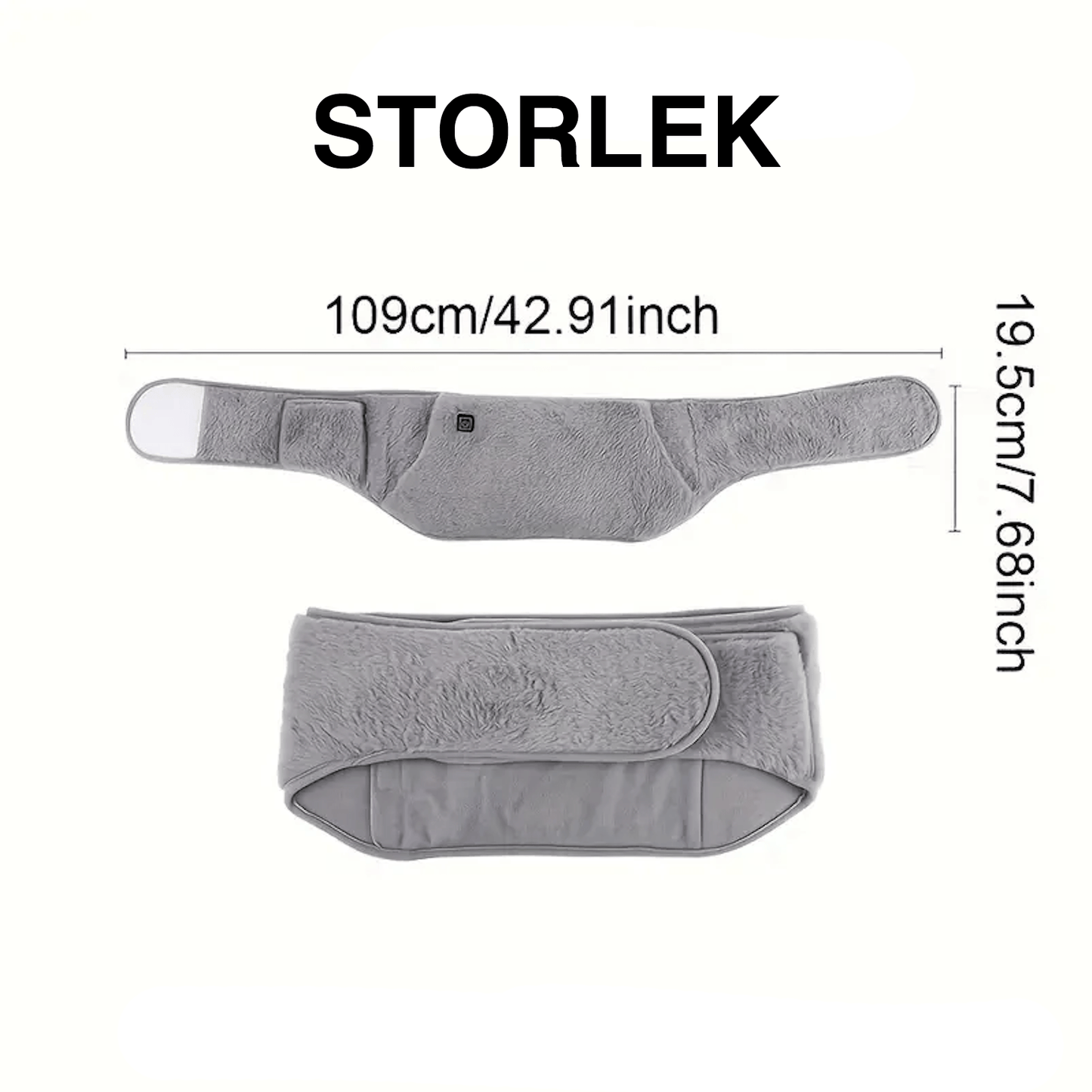 Storleksöversikt som visar mått på värmande midjebälte – 109 cm längd och 19,5 cm höjd