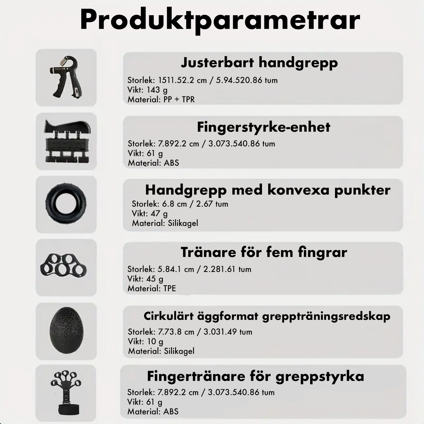 Bild med produktparametrar för greppstyrkeset, som visar storlek, vikt och material för olika handträningsredskap.