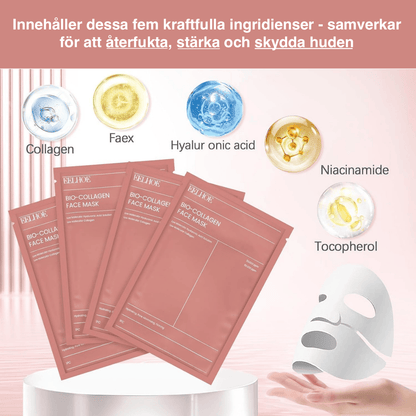 Kollagen ansiktsmask med aktiva ingredienser som hyaluronsyra, niacinamid och vitamin E