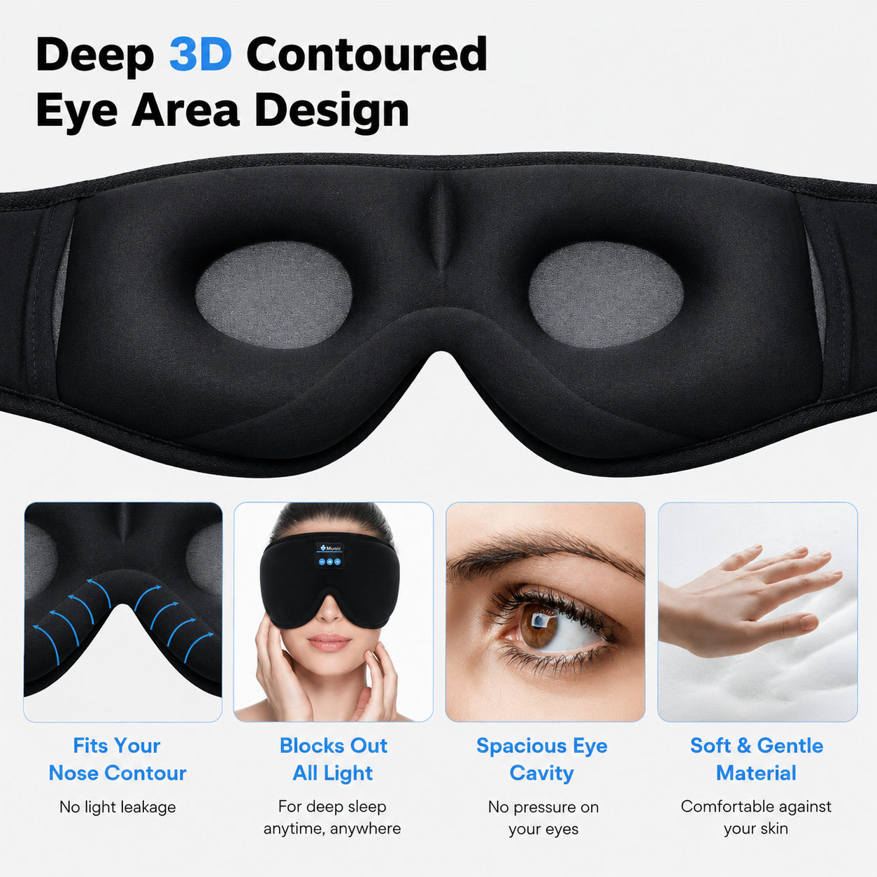 3D-formad sovmask med inbyggda hörlurar som blockerar ljus och ger bekväm passform utan tryck mot ögonen.