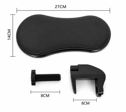Ergonomiskt armstöd för skrivbord med mått och monteringsdetaljer.