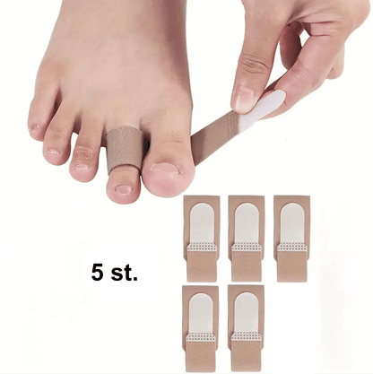 Återanvändbara tåstöd och fingerband placerade på tår