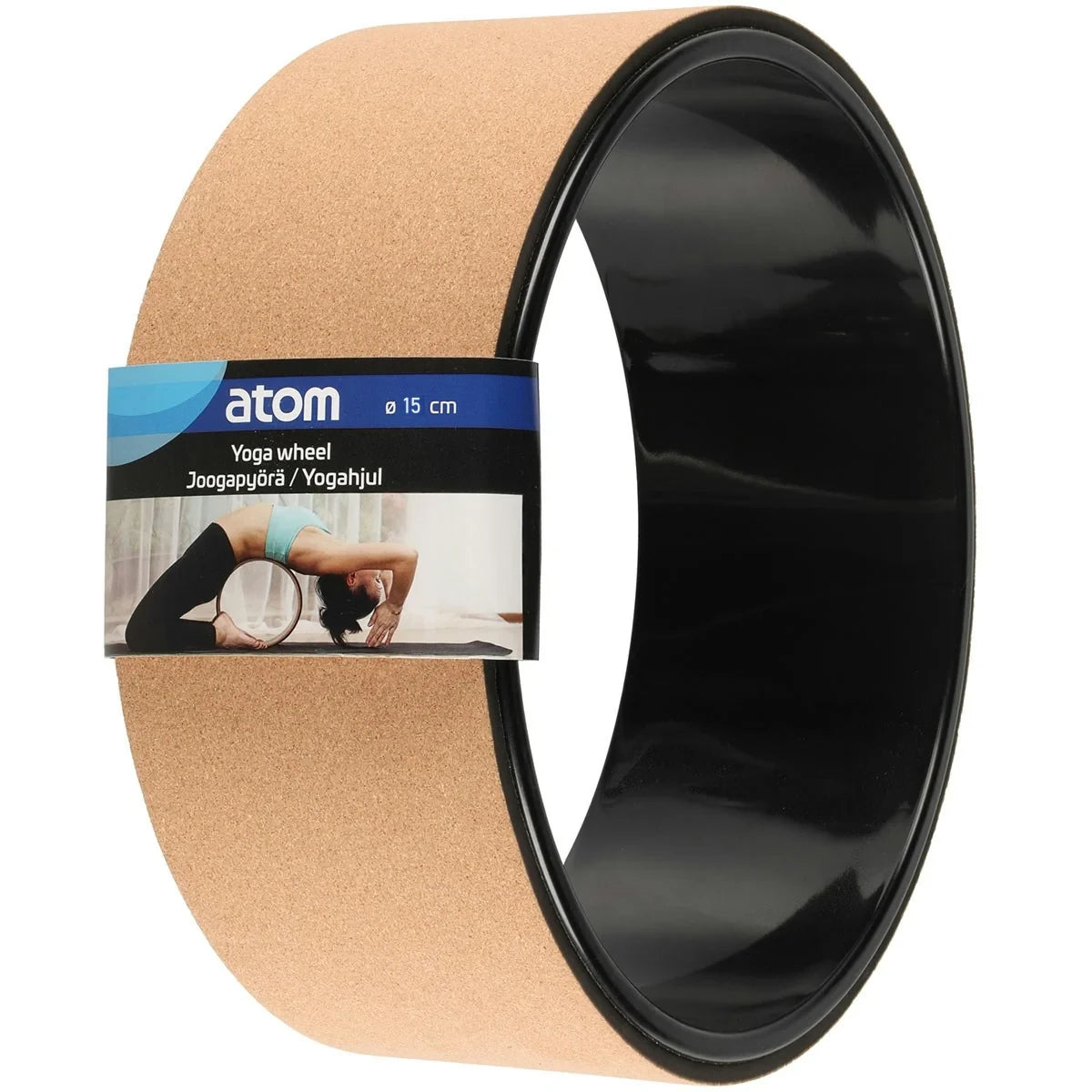 Atom yogahjul i naturkork 15 cm med svart insida och förpackningsband