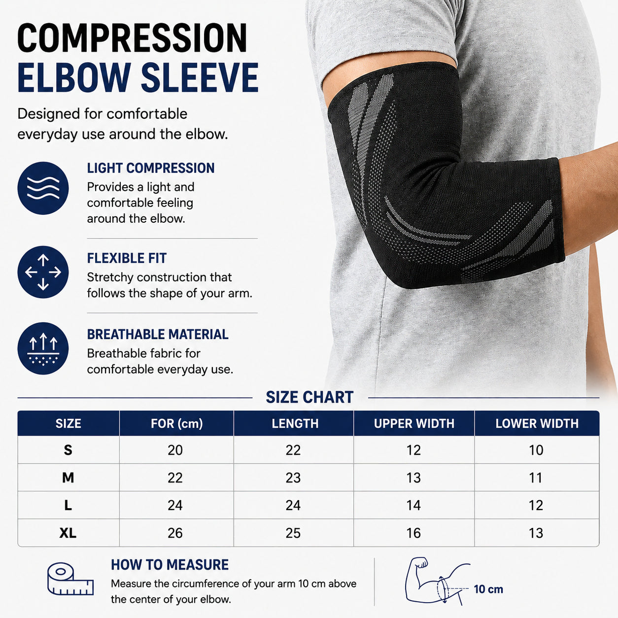 Elastiskt armbågsstöd med lätt kompression samt storleksguide och mått för bekväm passform.