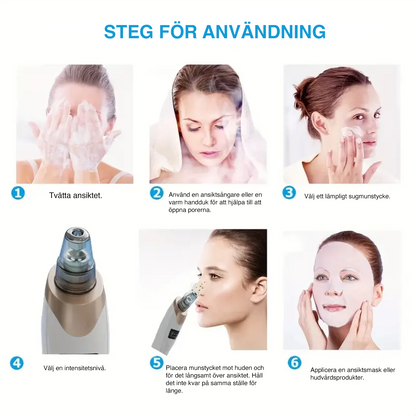 Steg-för-steg-guide som visar hur en elektrisk pormaskborttagare används i ansiktsvård