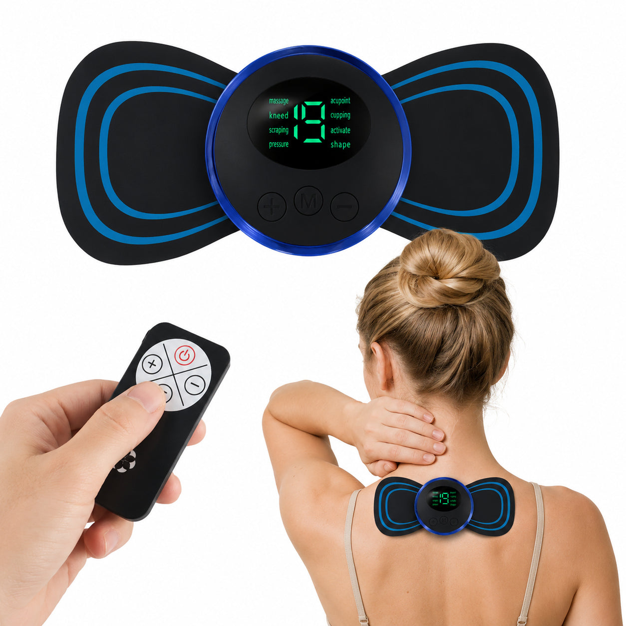 EMS-massageapparat med fjärrkontroll och digital display som används på nacke och övre rygg för muskelstimulering och avslappning.