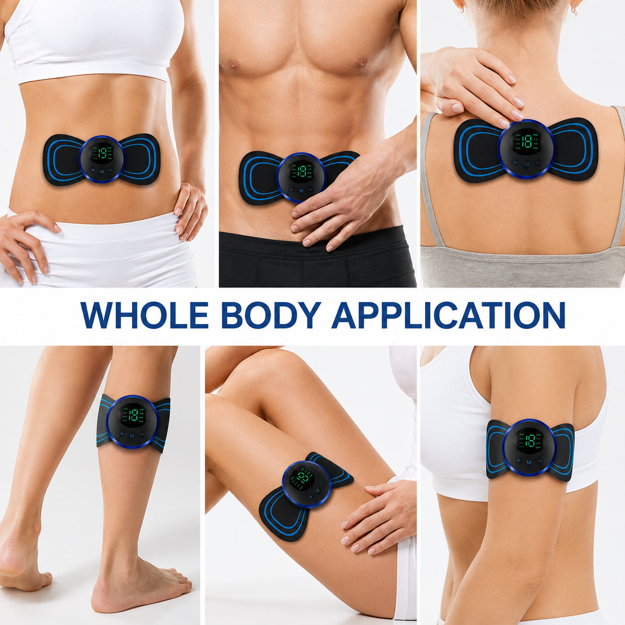 EMS-massageapparat för hela kroppen som används på mage, rygg, ben, lår och arm för muskelstimulering och avslappning.
