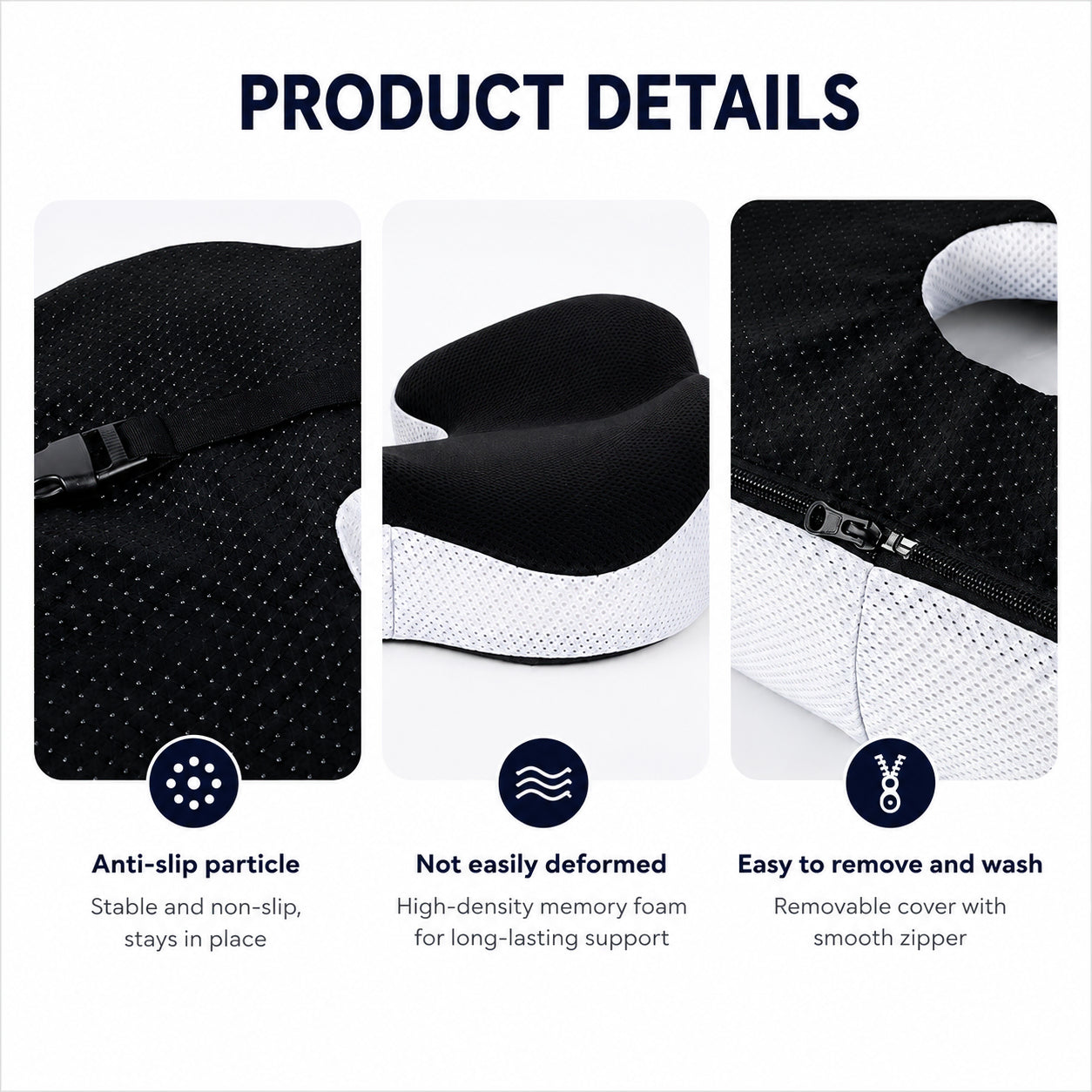 Detaljbilder som visar halkskydd, formstabil memory foam och avtagbart överdrag med dragkedja på den ergonomiska sittdynan