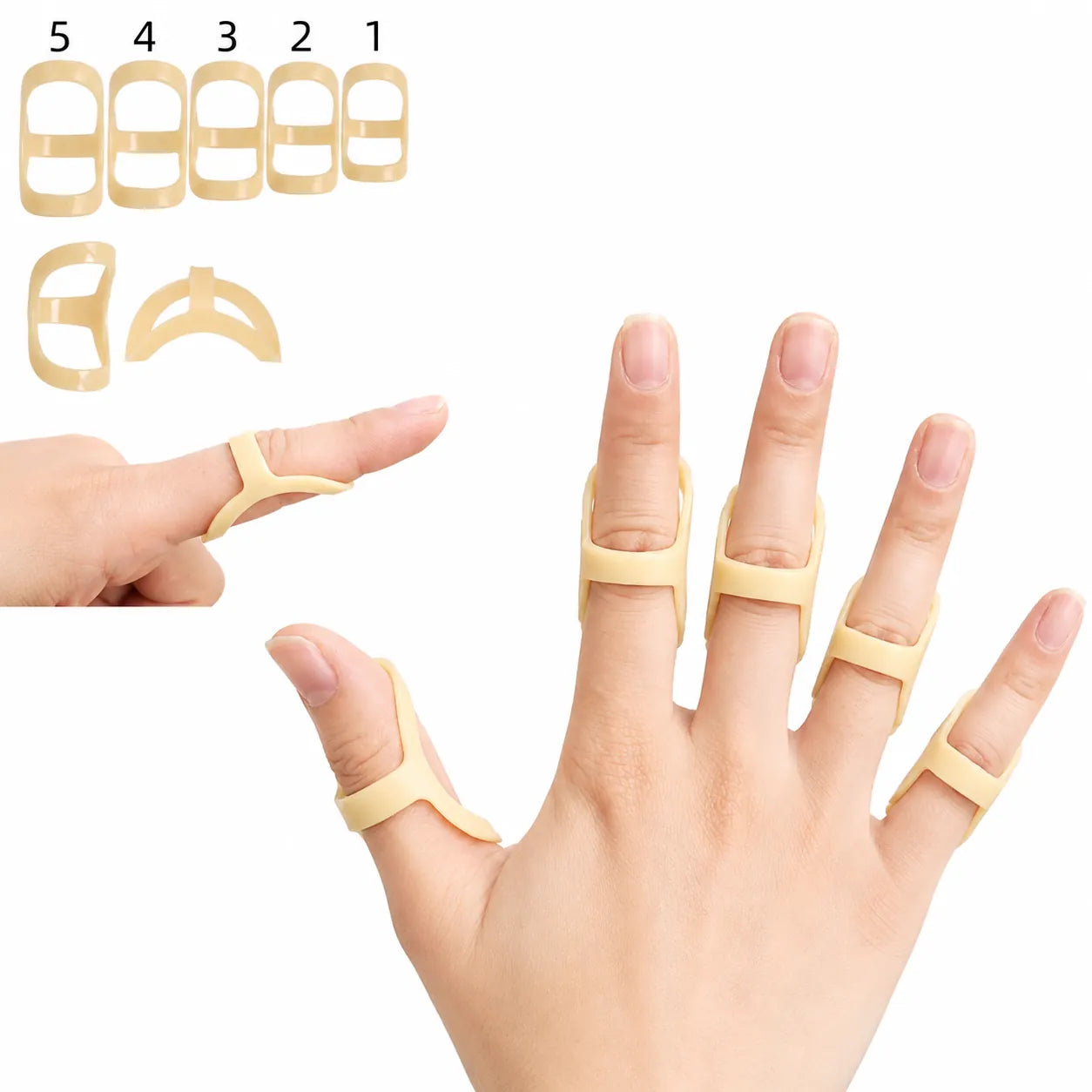 Fingerskenor i fem olika storlekar för stöd och stabilisering av fingerleder.