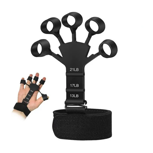 Fingertränare för greppstyrka i färgen svart och tre olika motstånd.