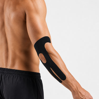 Man med förklippt kinesiologitejp för armbåge.