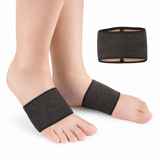 Fotvalvsstöd med kompression runt framfoten, visat på fötter.