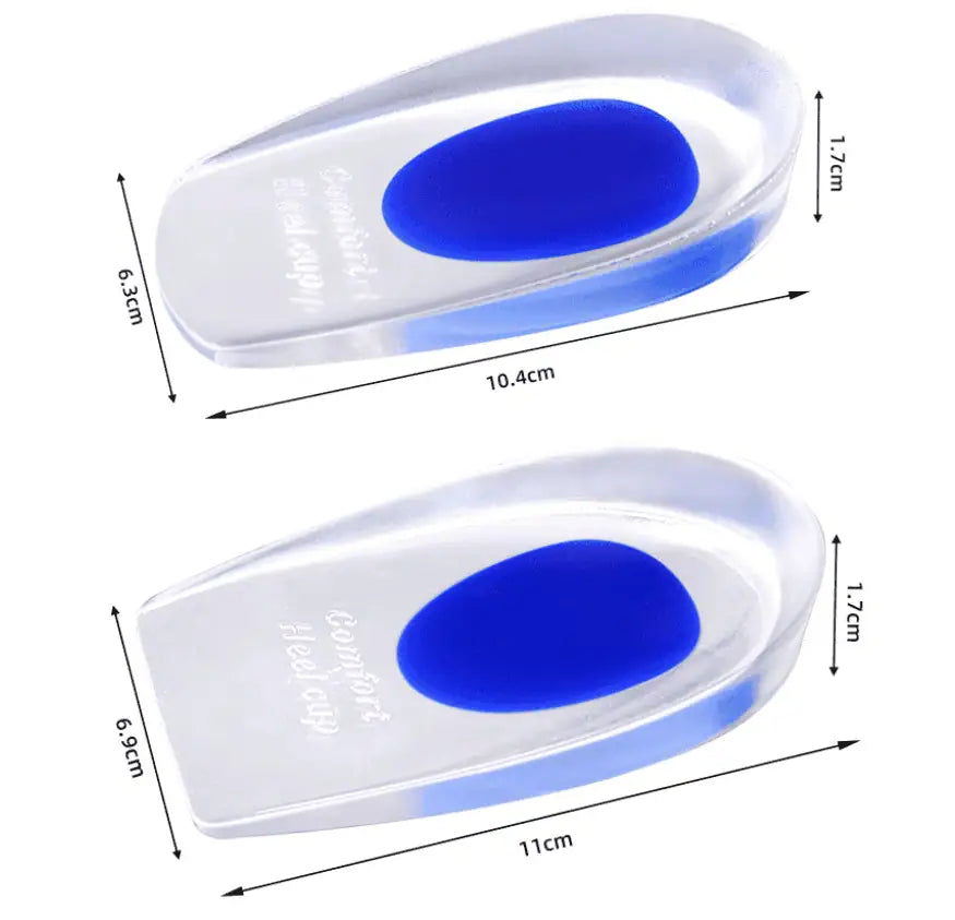 Storleksbild av hälkudde i gel mot hälsporre som visar mått för två storlekar.