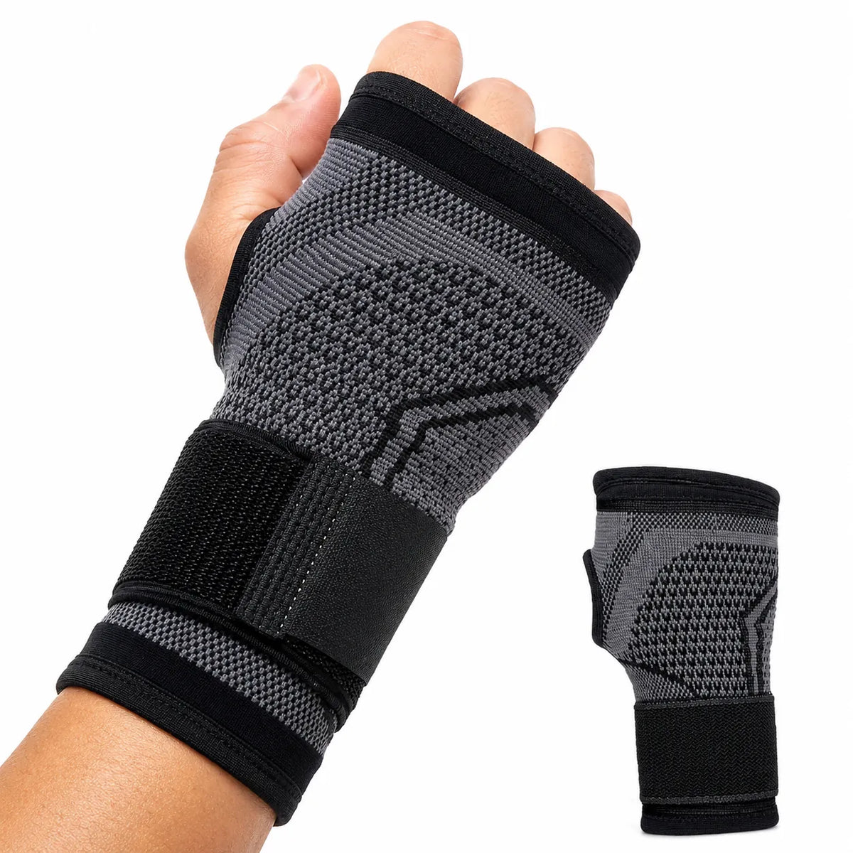 Handledsstöd med justerbar spännrem och elastisk, kroppsnära passform runt handleden.