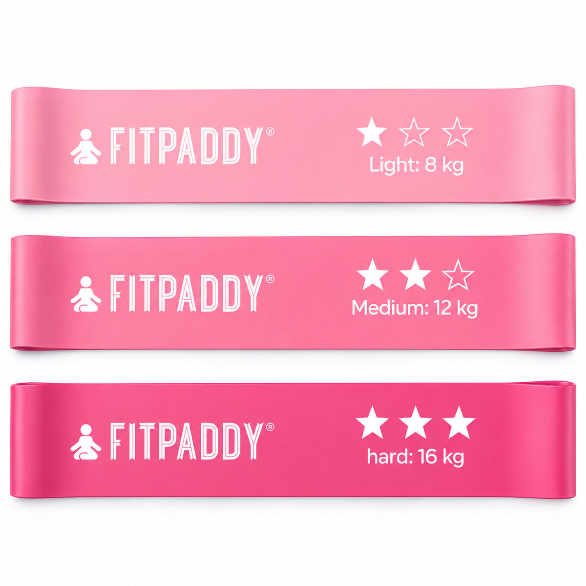 Tre rosa Fitpaddy motståndsband med motståndsnivåerna 8 kg, 12 kg och 16 kg