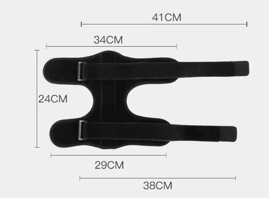 Måttguide för justerbart ankelstöd för fotlyft med produktens längd, höjd och justerbara remmått i centimeter.