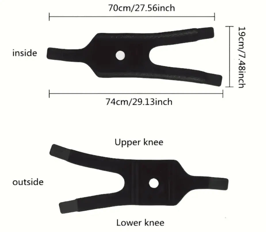 Storleksbild för justerbart knäskydd med mått för längd och bredd.