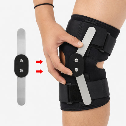 Justerbart knästöd med patellastöd och sidostabilisatorer i metall för stabilisering och stöd av knäleden.