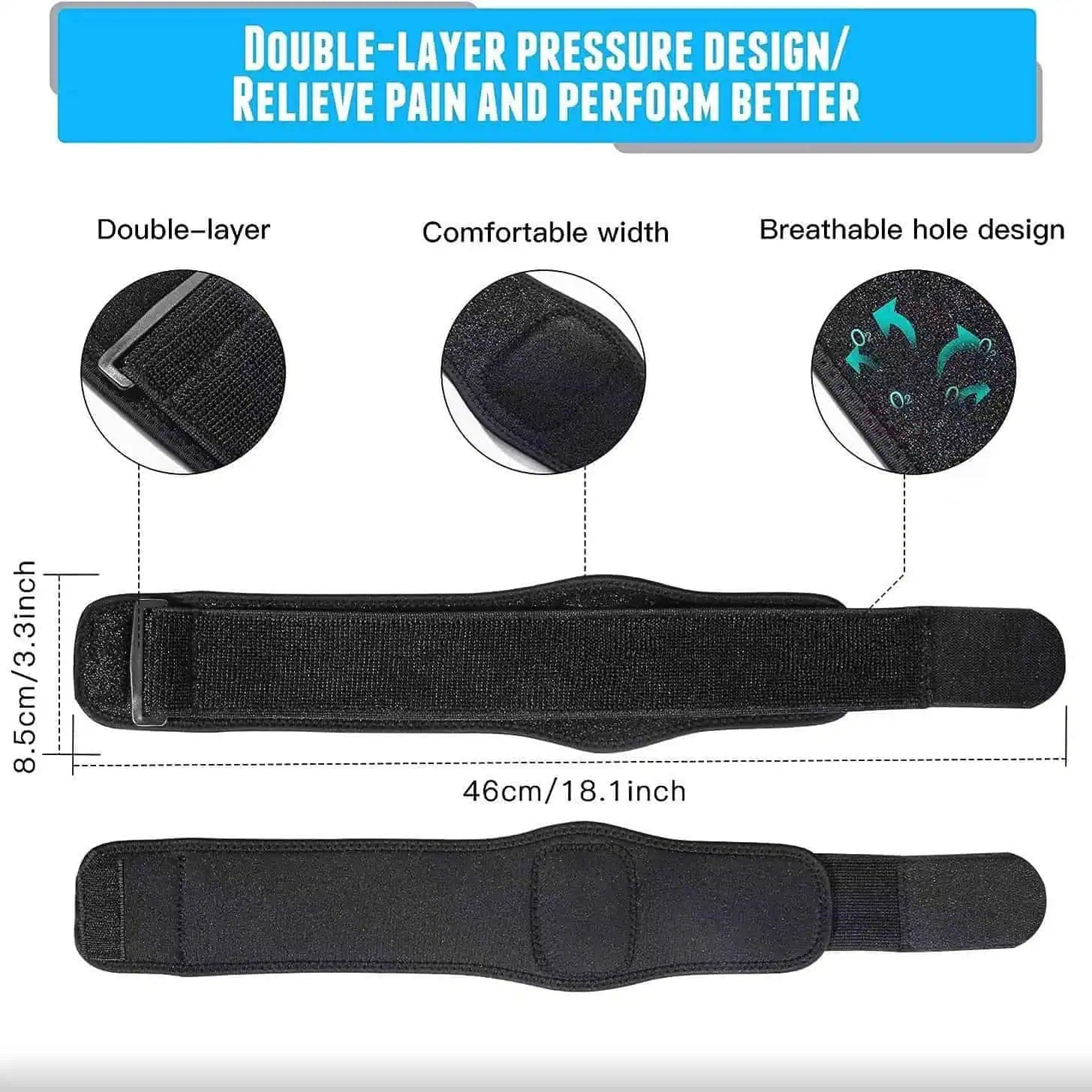 Justerbart stöd för tennisarmbåge med dubbelt trycklager och ventilerande design.