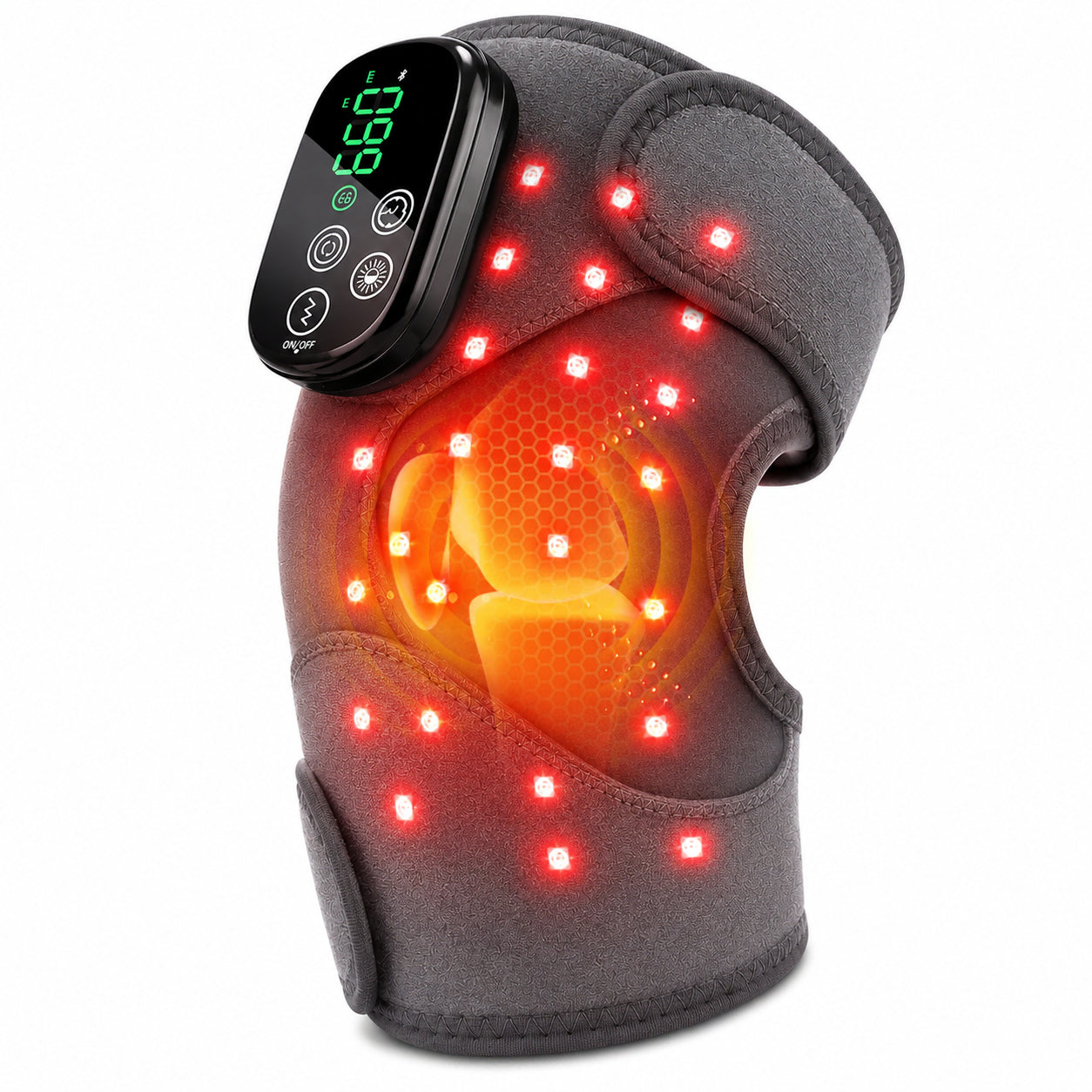 Knämassage med rödljusterapi, värme och vibration för lindring, avslappning och stöd för knäleden.