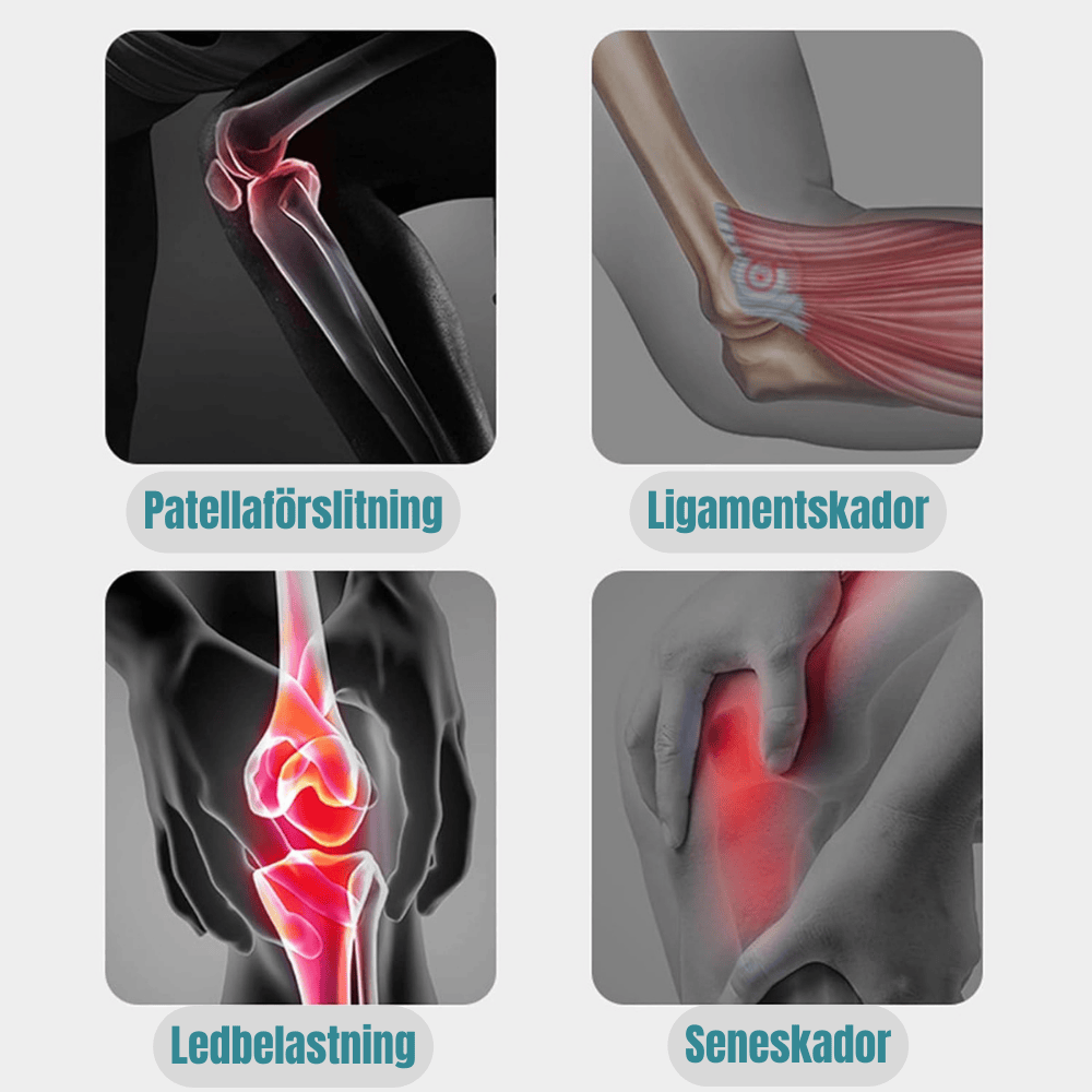 Knäskyddet passar bra för patellaförslitning, ligamentskador, ledbelastning samt seneskador