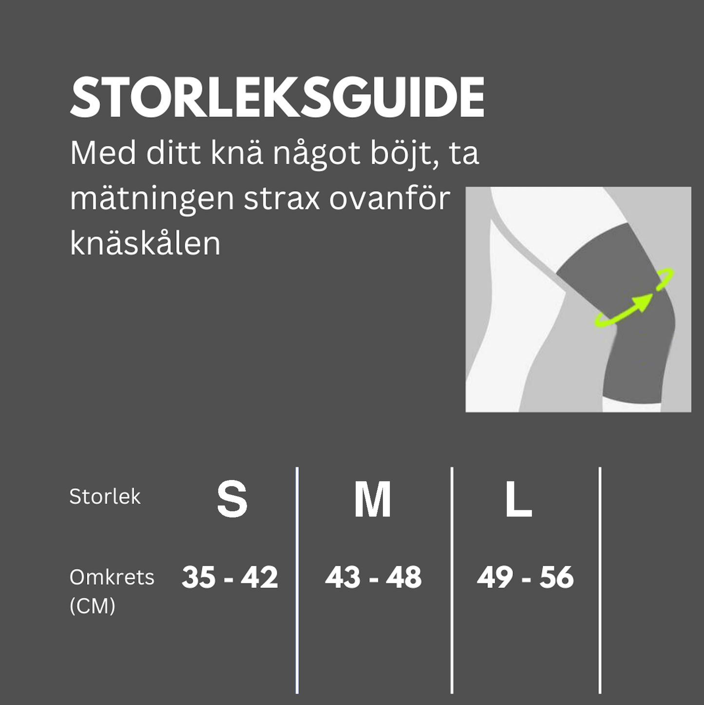 Måttbeskrivning av knäskydd med fjädrar i storlek S,M, L