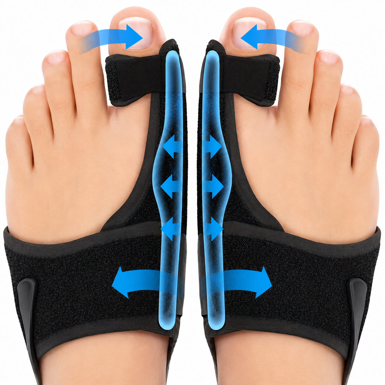 Infografik som visar hur en hallux valgus-nattskena hjälper till att rikta stortån och ge stabilt stöd för förbättrad tåposition under vila.