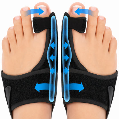 Infografik som visar hur en hallux valgus-nattskena hjälper till att rikta stortån och ge stabilt stöd för förbättrad tåposition under vila.