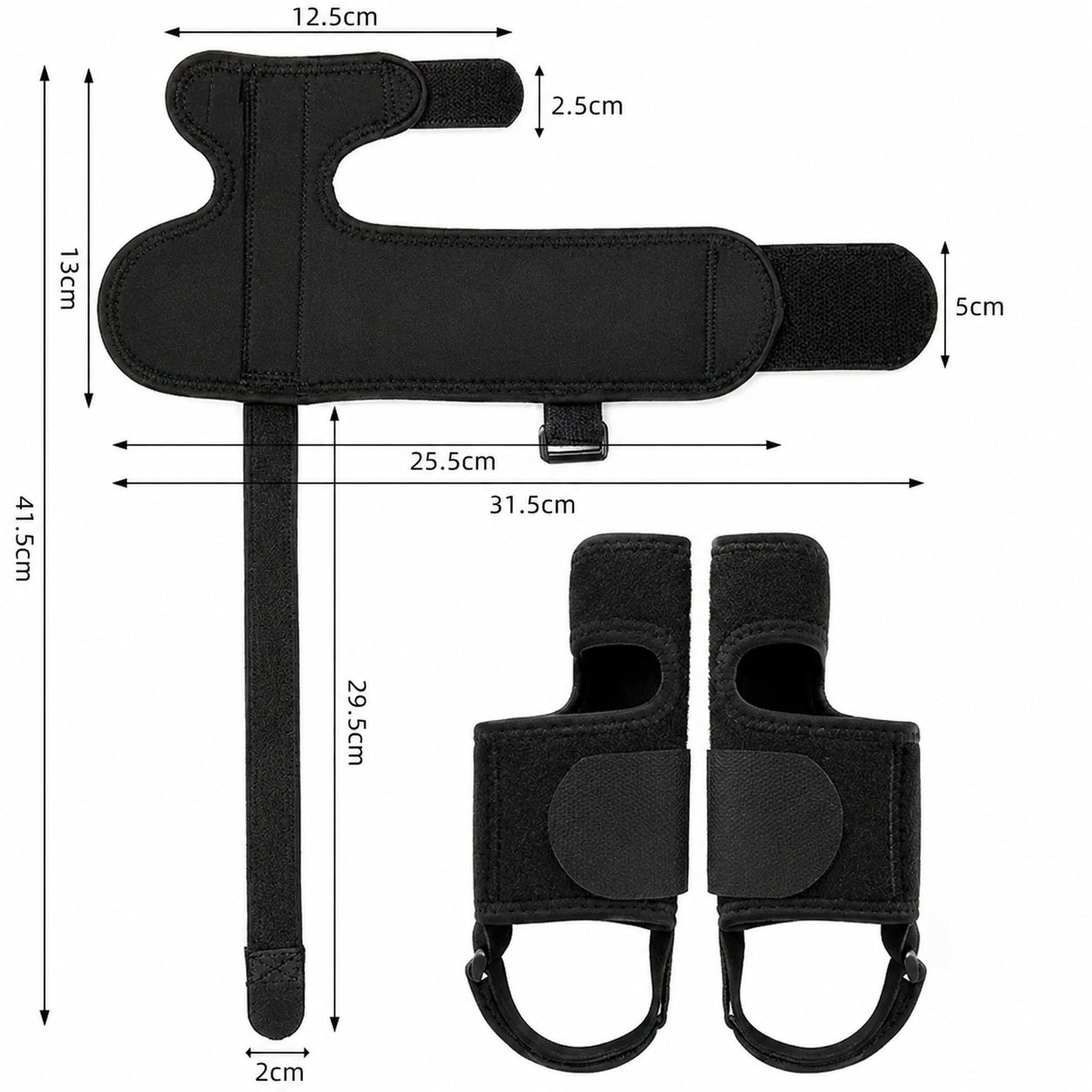 Storleksguide som visar mått och produktdesign för hallux valgus-nattskena med justerbara kardborreband.