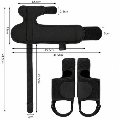 Storleksguide som visar mått och produktdesign för hallux valgus-nattskena med justerbara kardborreband.