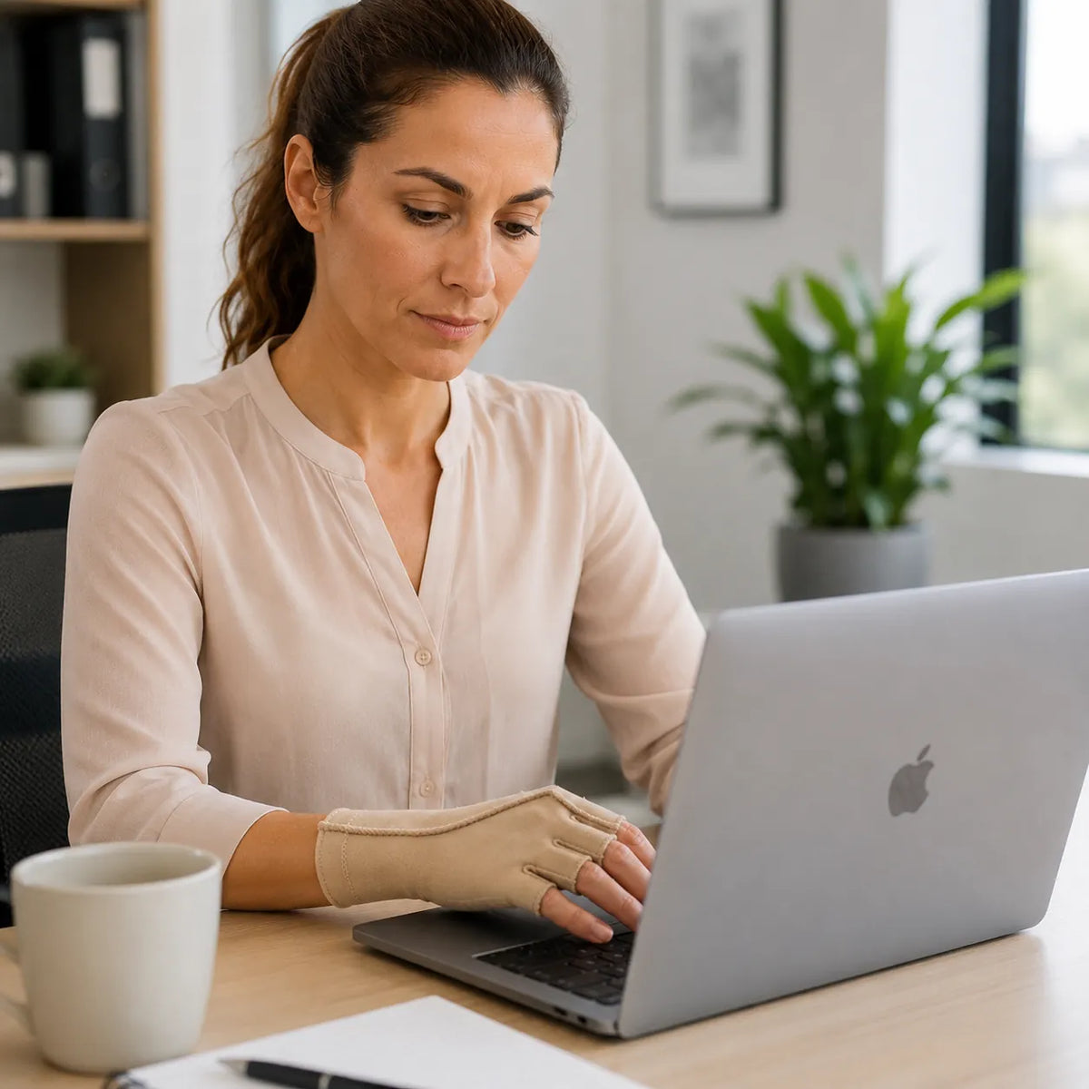 Kvinna arbetar vid laptop och bär beige komforthandske med kompression och öppna fingertoppar.