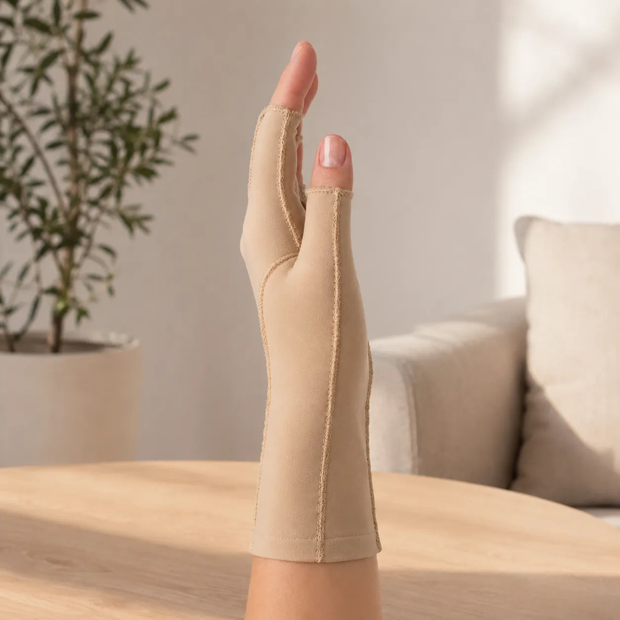 Beige fingerlös kompressionshandske med öppna fingertoppar som omsluter hand, tumme och handled.