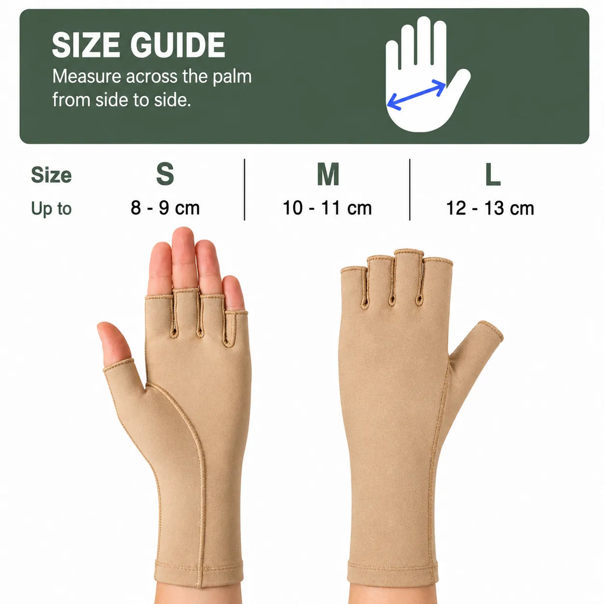 Storleksguide för beige fingerlösa kompressionshandskar med handmått för storlek S, M och L.
