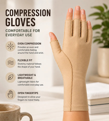 Beige fingerlös kompressionshandske med jämn kompression, flexibel passform och öppna fingertoppar.