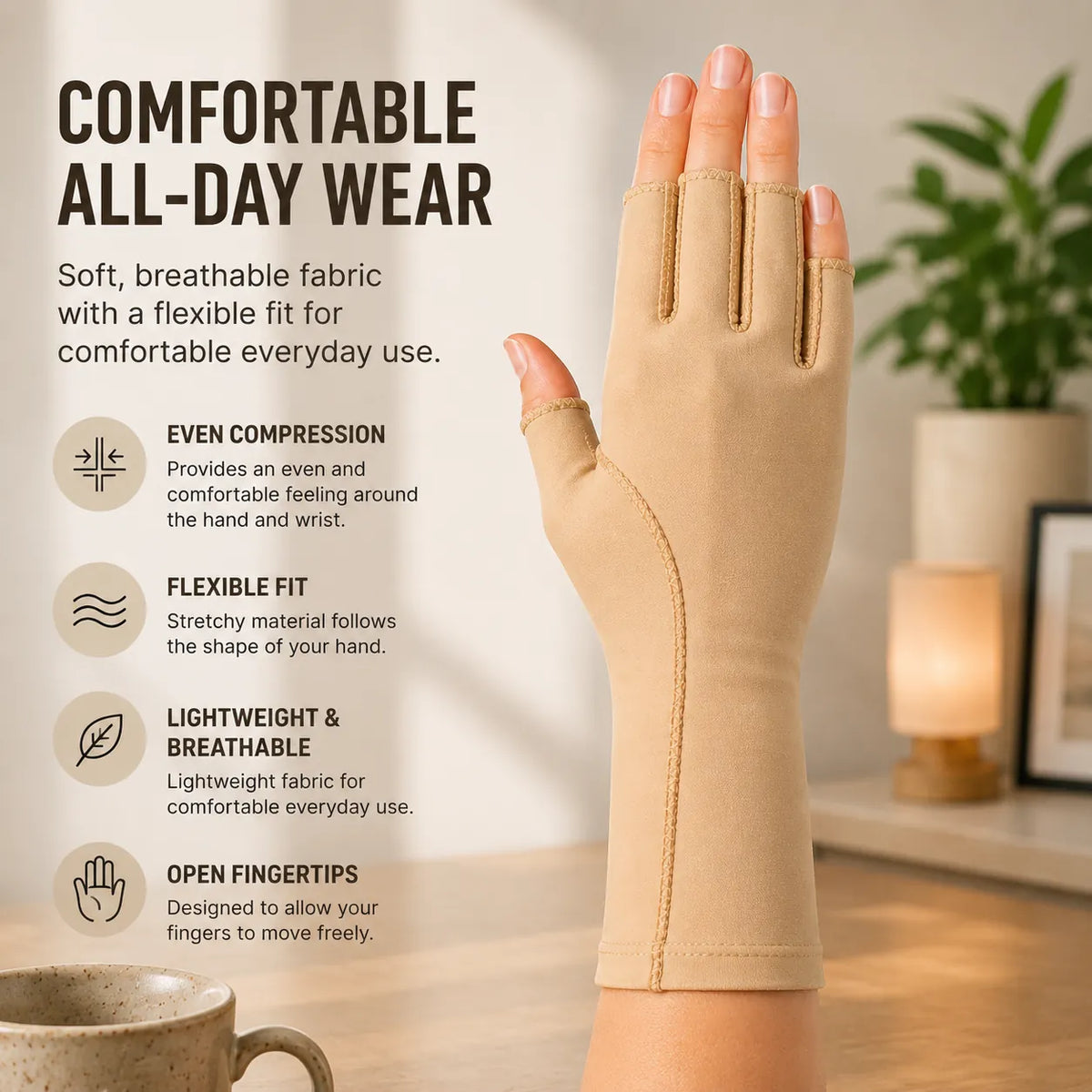 Beige fingerlös kompressionshandske med flexibel passform, öppna fingertoppar och mjukt ventilerande material.