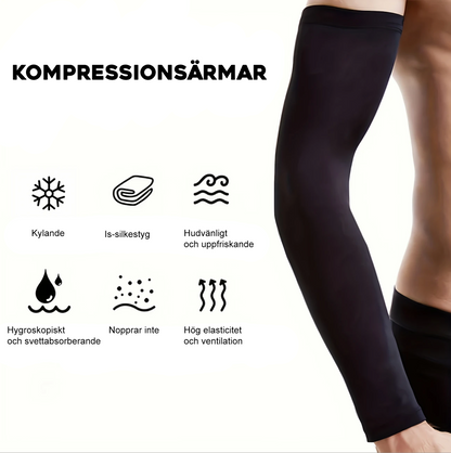 Kompressionsärmar i Ice-Silk med illustrerade fördelar som kylande och elastisk funktion