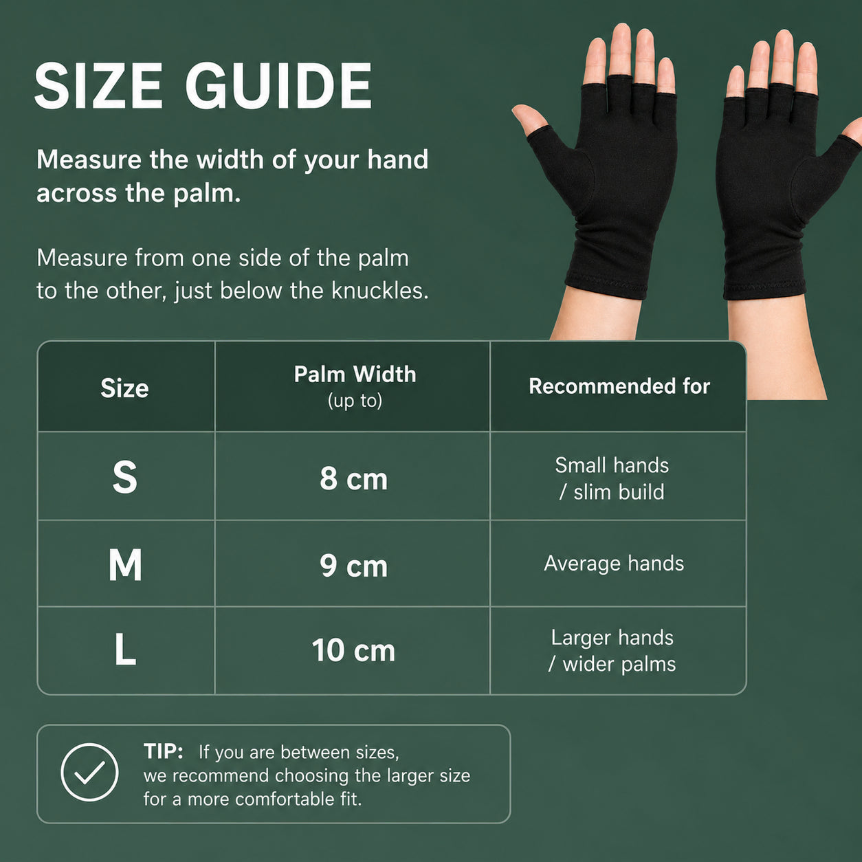 Storleksguide för kompressionshandskar med mått för handflatans bredd och storlekar S, M och L.