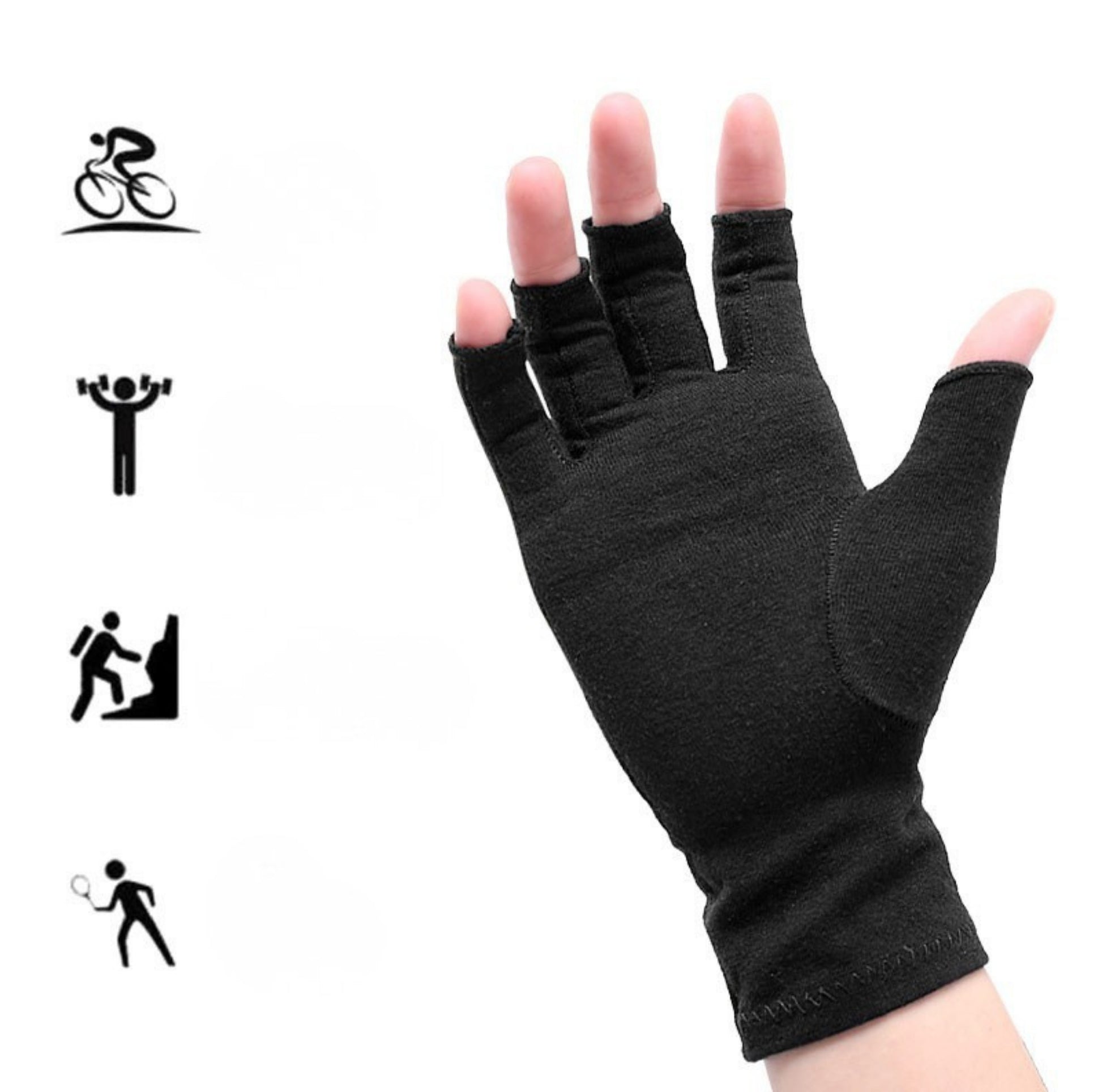 Svart kompressionshandske utan fingertoppar som ger stöd och minskar stelhet i hand och leder.