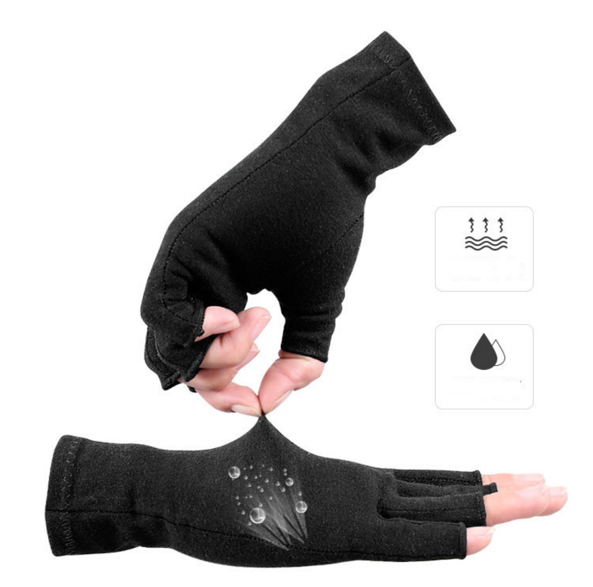 Svart kompressionshandske utan fingertoppar med andningsbart och fuktavvisande material.