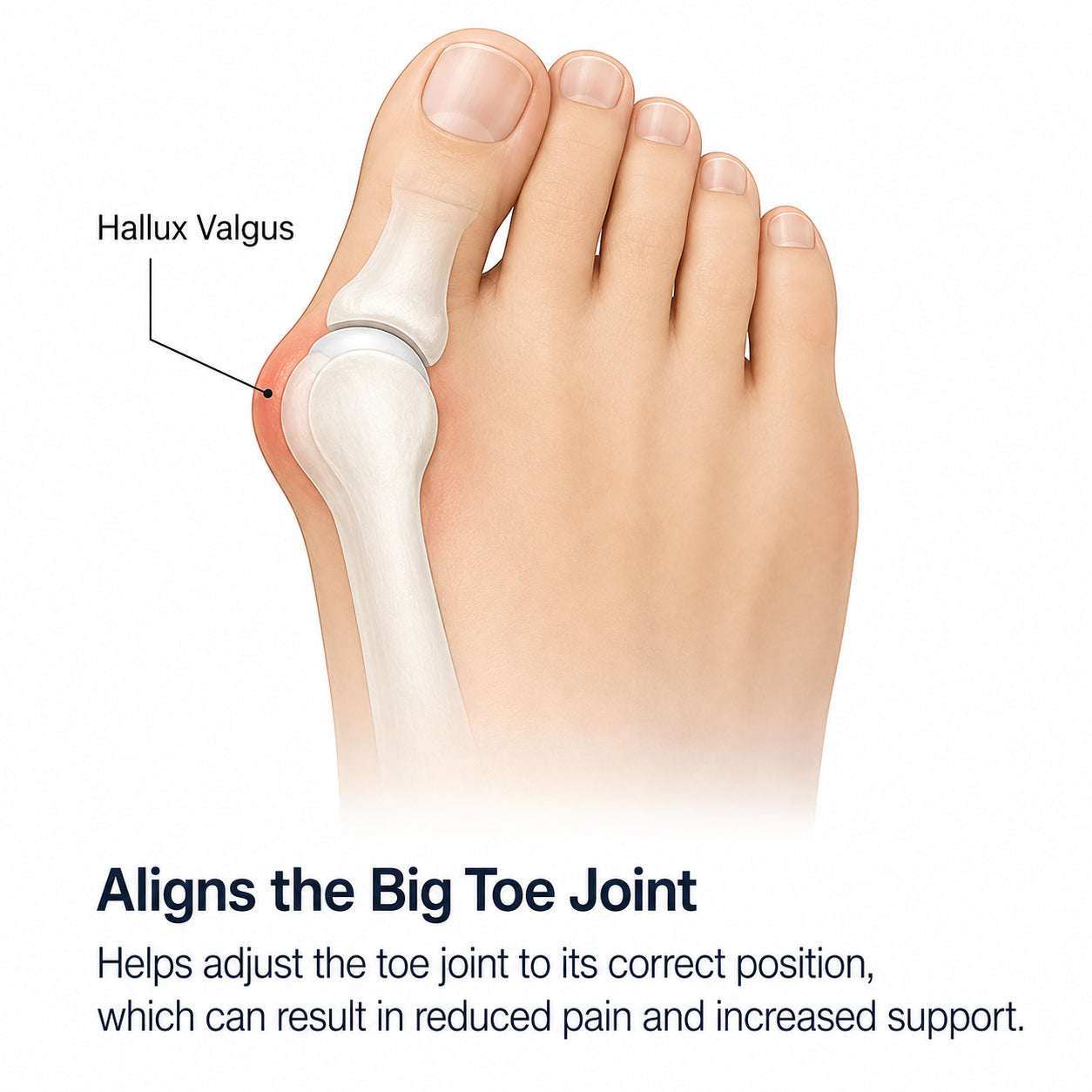Illustration som visar hur ett hallux valgus-stöd hjälper till att rikta stortåleden och minska belastningen på stortåknölen.