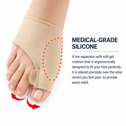 Hallux valgus-stöd med mjuk silikonseparator som hjälper till att rikta stortån, minska tryck mot stortåleden och ge ökad komfort.